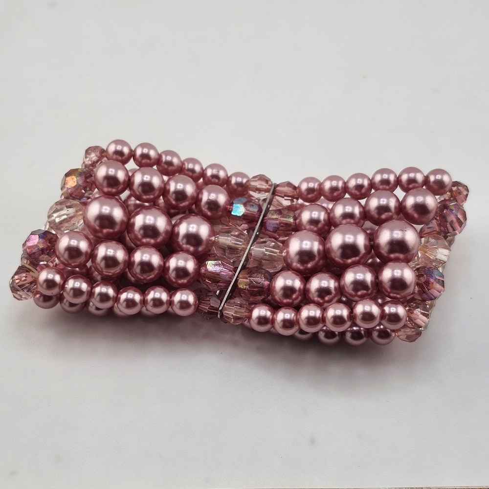Stretchy Beaded Bracelet Pink Faux Pearls Faceted Crystals Glamorous Statement
